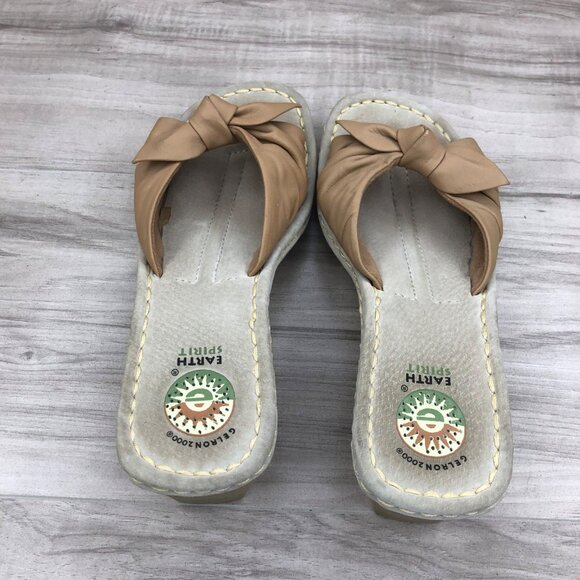 Earth Spirit Wedge Sandals Womens 8 Liberty Tan Leather Bow Slip On Shoes - Picture 10 of 13